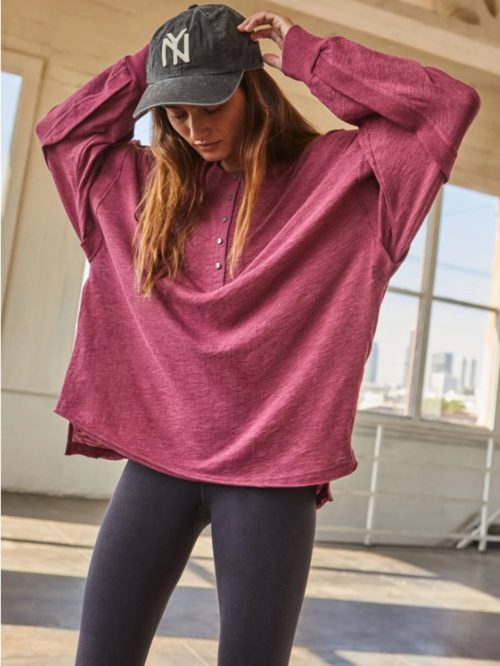 FP Movement One Up by Free People Burgundy Henley Long Sleeve Tee